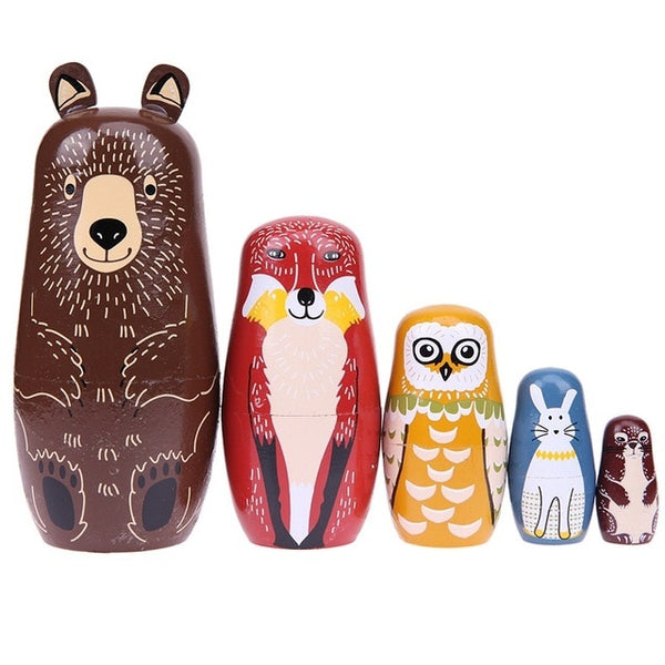 5Pcs/Set Basswood Russian Matryoshka Dolls Bear Ear Nesting Dolls Gift Russian Traditional Feature Ethnic Style Unisex Dolls